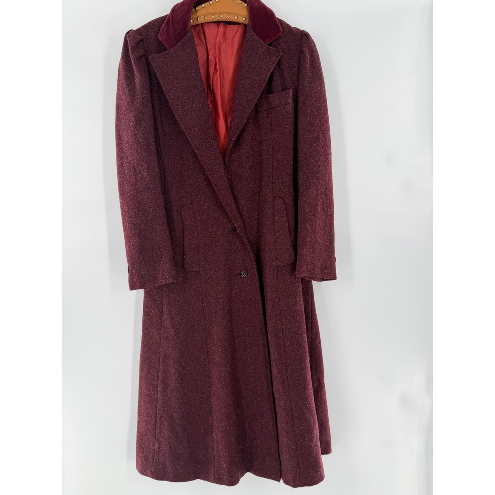 Vintage ILGWU Burgundy Wool Princess Coat Velvet Collar Union Made Longline